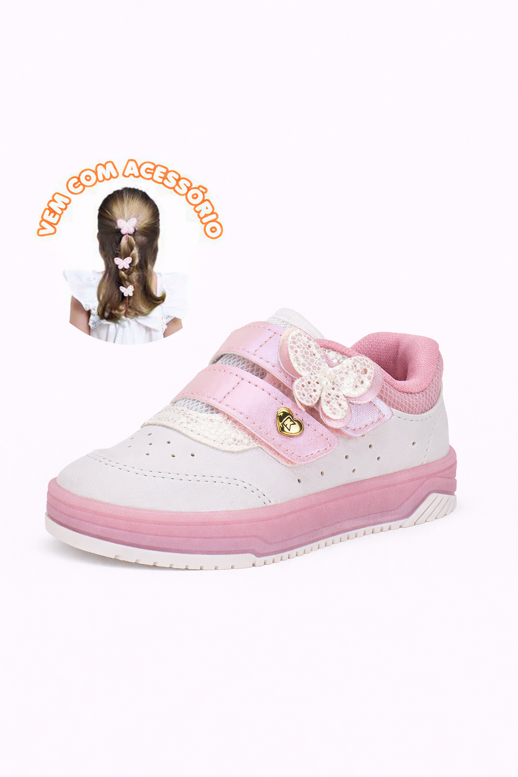 Tênis Infantil Kidy Happy Branco e Rosa com Acessório