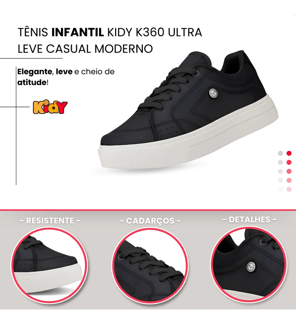 Tênis Infantil K360 Ultra Leve Preto com Branco